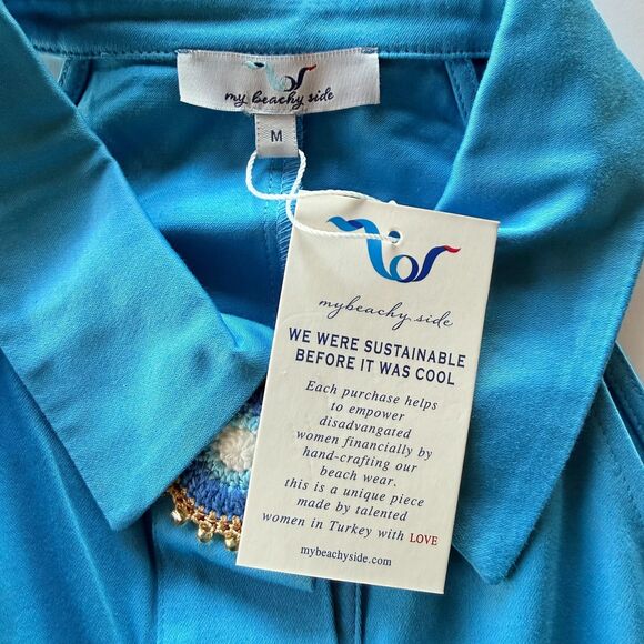 NWT My Beachy Side Amber Hand Crochet Buttons Halter Mini Dress in Blue Medium - Picture 12 of 16